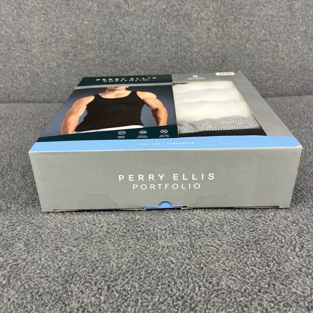 Perry Ellis Portfolio Tank Top Mens Medium 5 Pack White Grey Black Ribbed Cotton